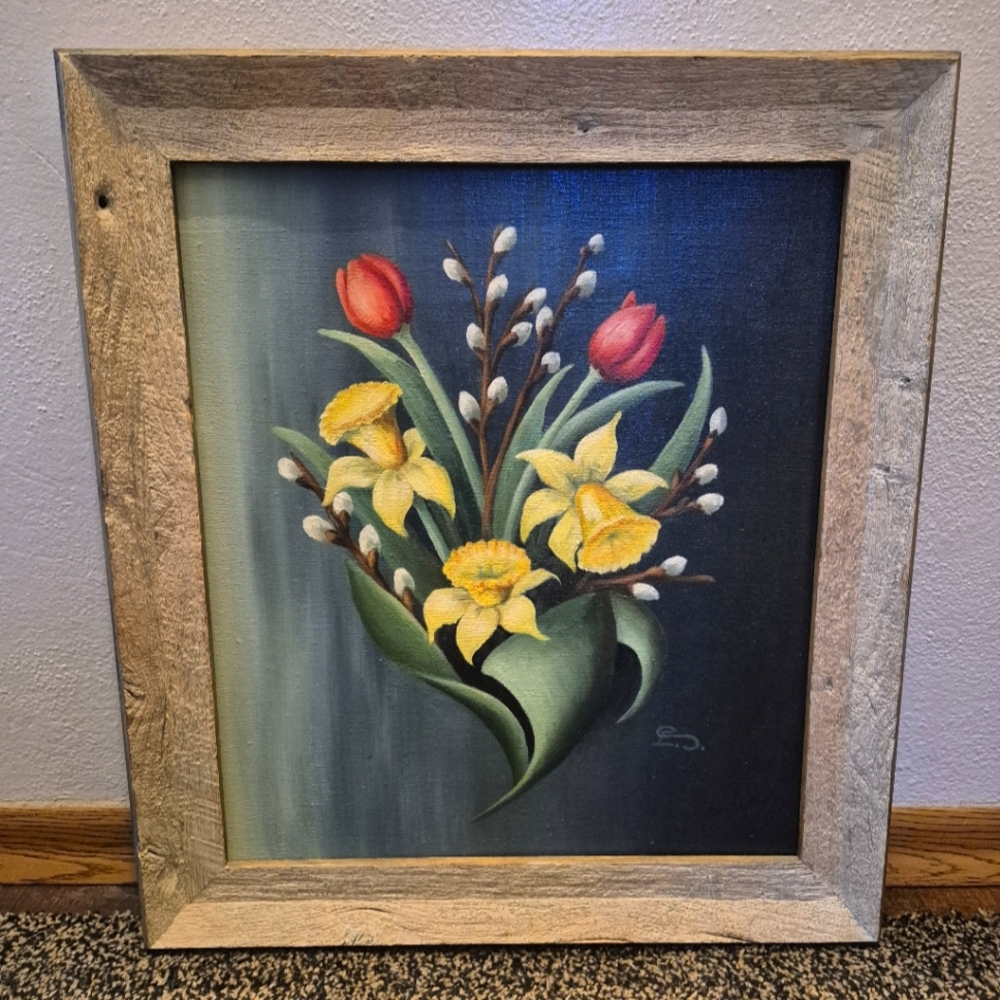 Vintage 70s Original (?) Signed Floral Oil Painting with Rustic Frame